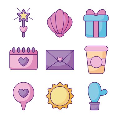 güneş ve kawaii simgesi seti, düz çizgi tarzı