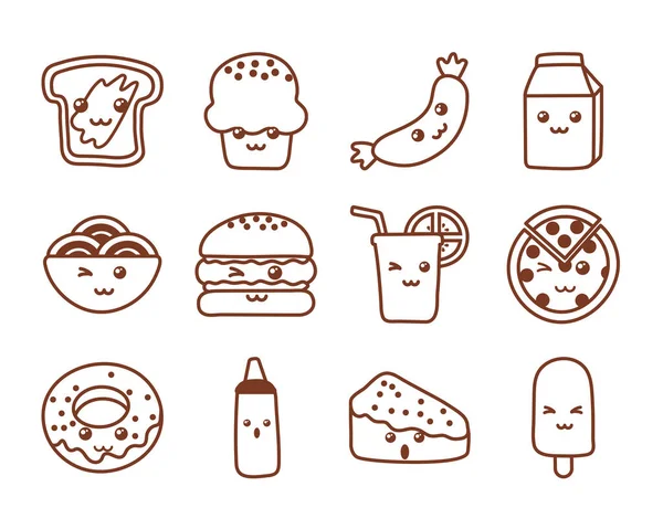 Conjunto de iconos kawaii comida, icono de estilo de línea — Vector de stock