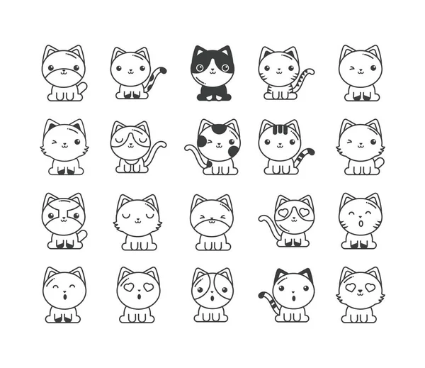Ensemble de chats mignons sur fond blanc, icône de style ligne — Image vectorielle
