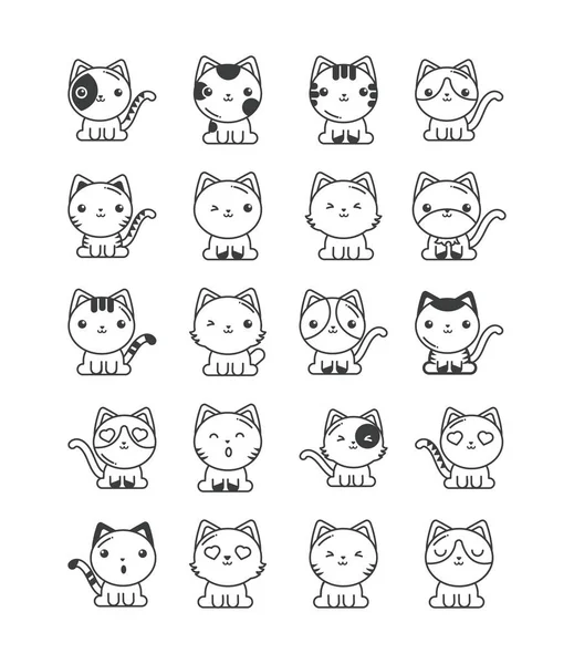 Ensemble de chats mignons sur fond blanc, icône de style ligne — Image vectorielle