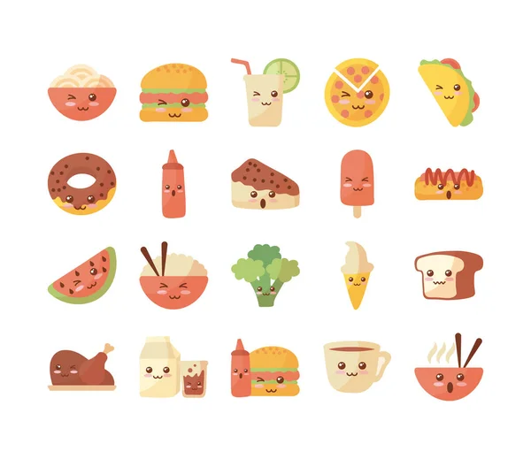 Beyaz arkaplanda bir dizi ikon kawaii yemeği — Stok Vektör