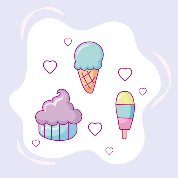 Kawaii helados y magdalenas, diseño colorido — Vector de stock