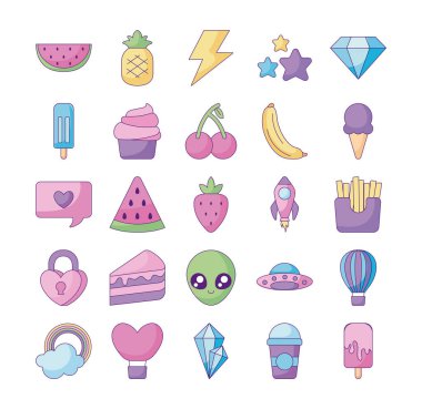 Kalpler ve kawaii simgesi seti, düz stil