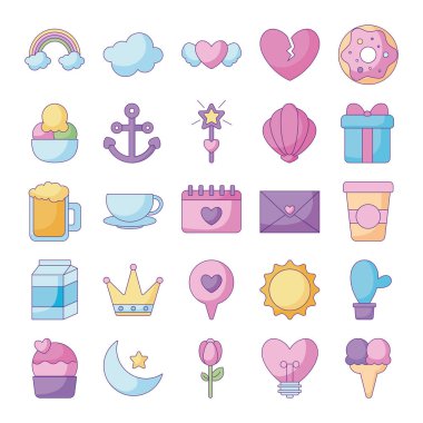 ay ve kawaii simgesi seti, düz stil