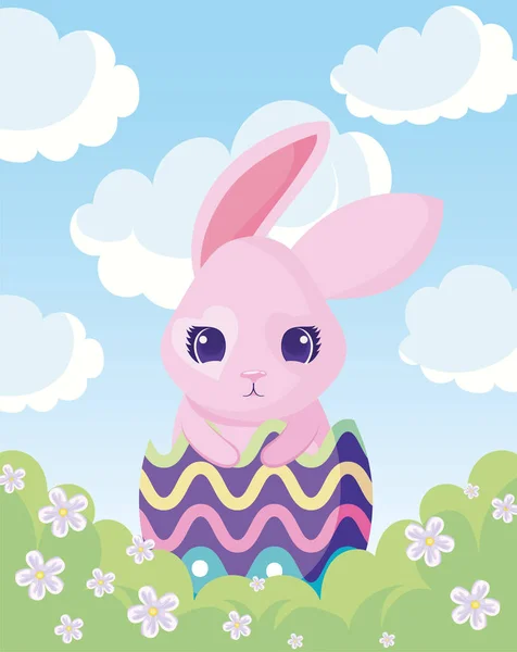 Conejo de dibujos animados en cáscara de huevo de Pascua, diseño colorido — Vector de stock