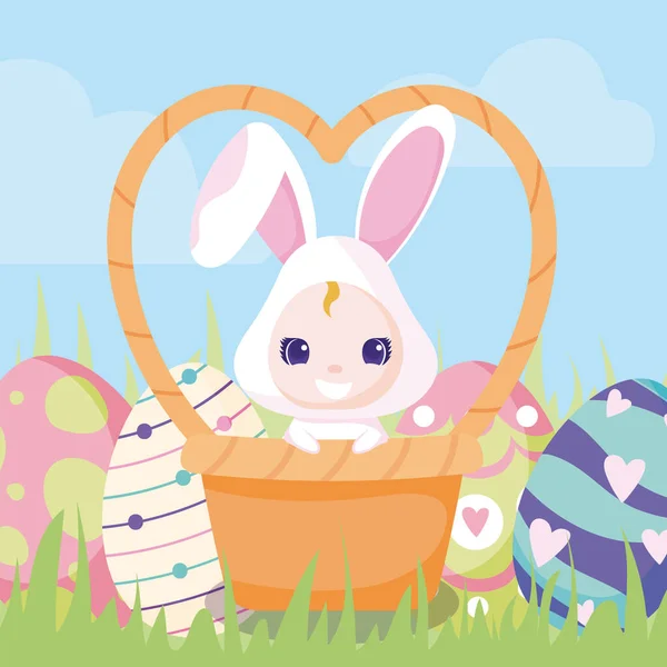 Conception heureuse de Pâques de lapin mignon sur panier et oeufs de Pâques autour, conception colorée — Image vectorielle