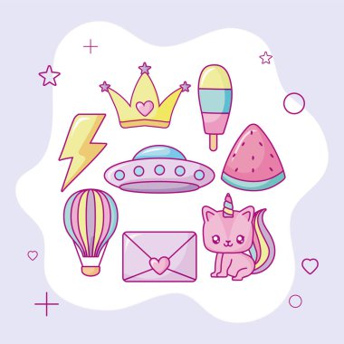 kawaii unicorn ve şirin ikonlar, renkli tasarım