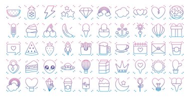 Gök gürültüsü ve kawaii simgesi seti, gradyan çizgi biçimi