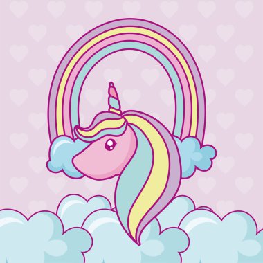 kawaii tek boynuzlu at kafası ve bulutlu gökkuşağı, renkli tasarım