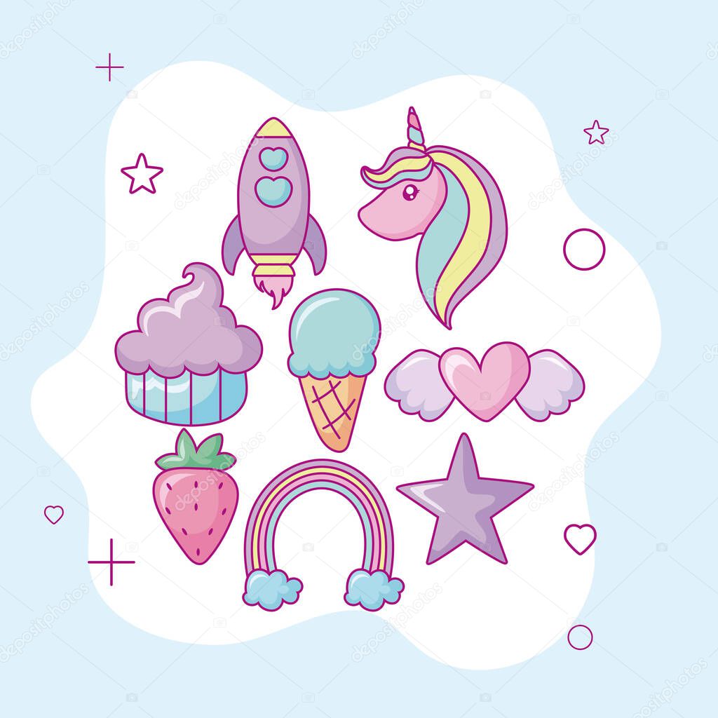 kawaii rocket and related icons, colorful design