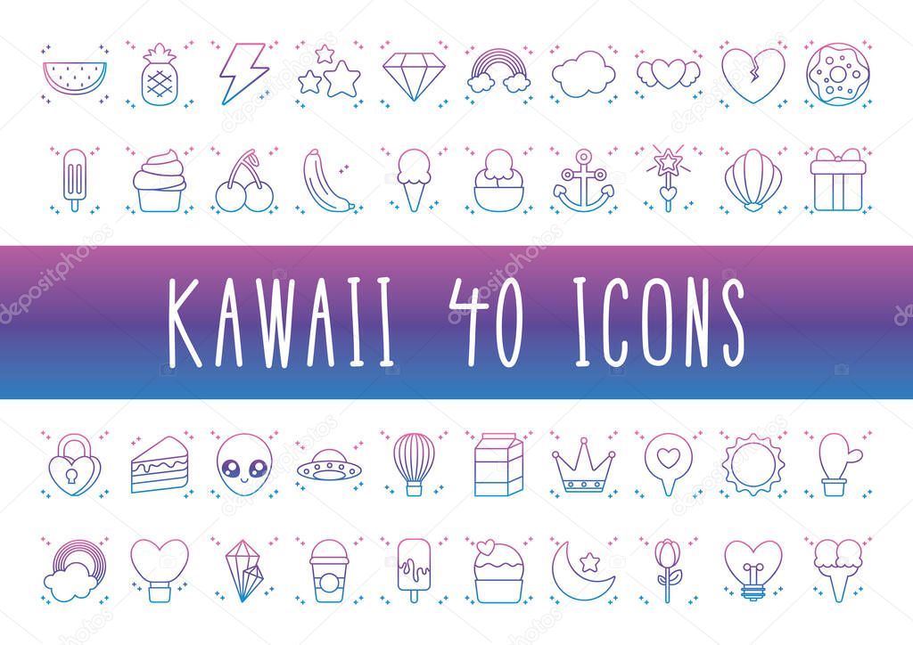 alien and kawaii icon set, gradient line style