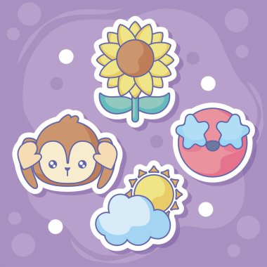 sun and cloud with cute emojis around over purple background