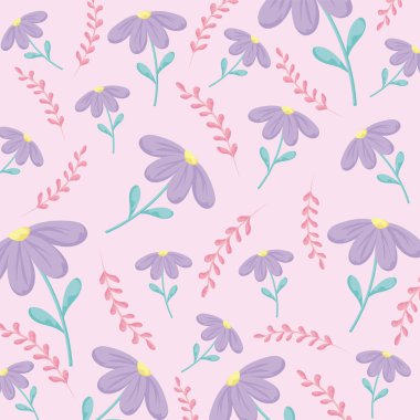Floral pink background with purple flowers, colorful design