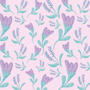 purple flowers and leaves background, colorful design
