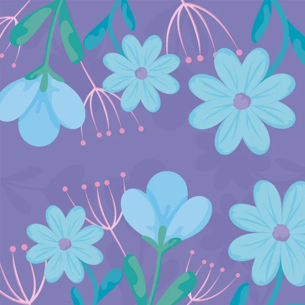 Floral purple background with blue flowers, colorful design — Stockvektor
