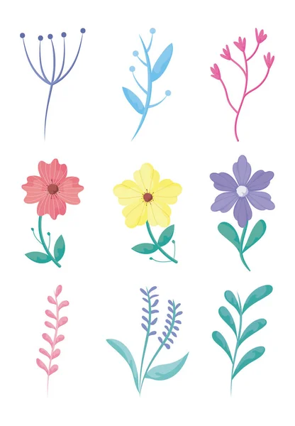 Icono de flores de primavera conjunto sobre fondo blanco, diseño colorido — Archivo Imágenes Vectoriales