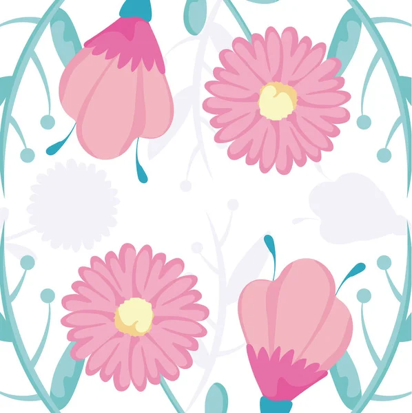 Fondo floral con hermosas flores rosadas y hojas verdes — Vector de stock