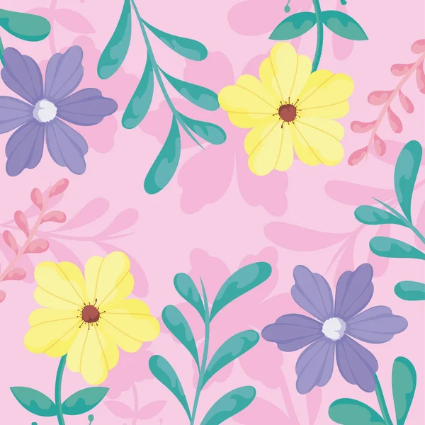 Floral pink background with yellow and purple flowers and green leaves — Wektor stockowy