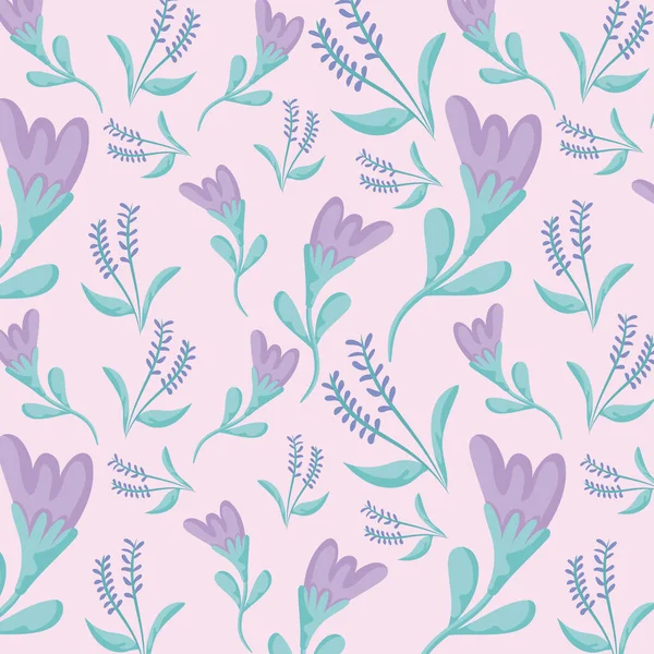 Purple flowers and leaves background, colorful design — Wektor stockowy