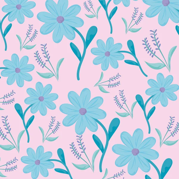 Fleurs bleues et feuilles violettes fond, design coloré — Image vectorielle