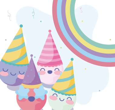cute emojis with birthday hats and rainbow