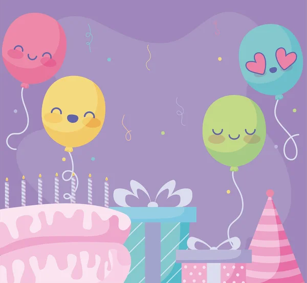 Happy birthday design with cute balloons and gift boxes, birthday cake and party hat over purple background — Stockvektor