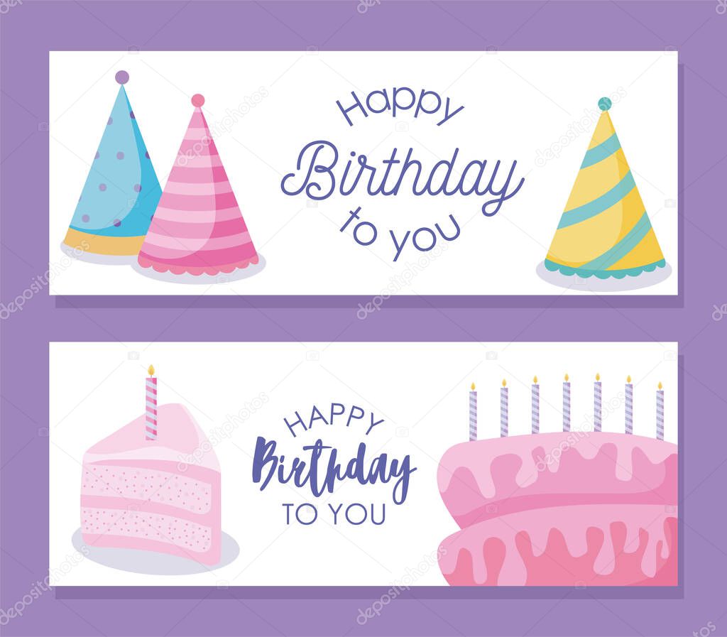 Happy birthday card design with party hats and birhtday cakes