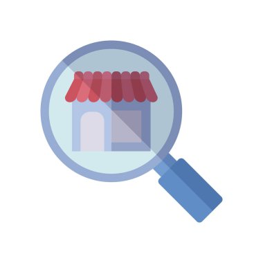 magnifying glass and store icon, flat style