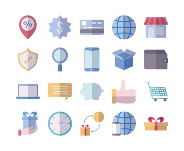 global sphere and shopping icons set, flat style