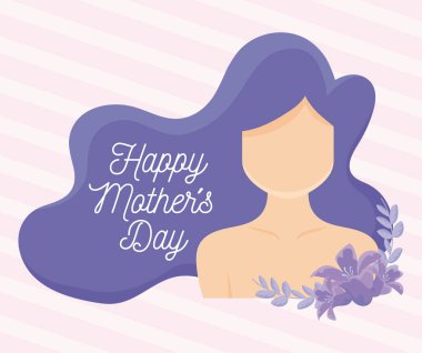 Happy mothers day design with cartoon woman with purple hair and beautiful flowers