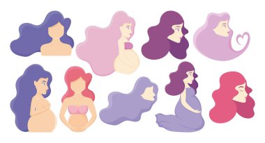 women and pregnant women icon set over pink background