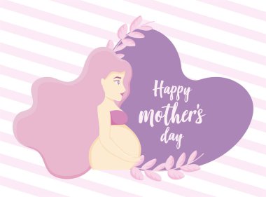 happy mothers day design with pregnant woman, heart and decorative leaves over pink and white striped background