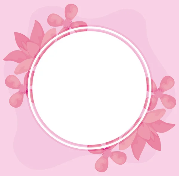 Flores de color rosa y marco circular sobre fondo rosa — Vector de stock