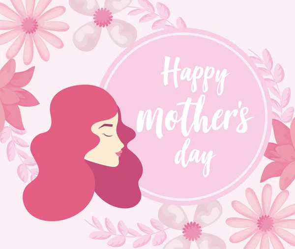 Happy Mother Day Design mit schönen Blumen und Frau mit langen Haaren auf rosa Hintergrund — Stockvektor