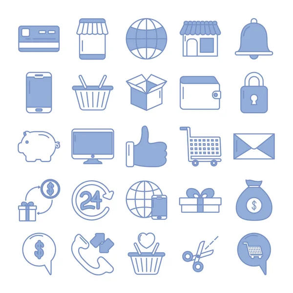 Esfera global y conjunto de iconos de compras, estilo de contorno azul — Vector de stock