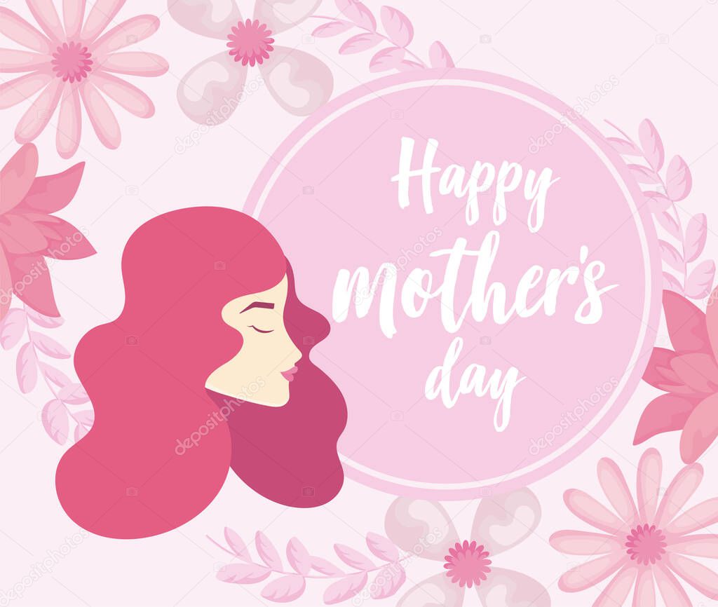 Happy mothers day design with beautiful flowers and woman with long hair over pink background
