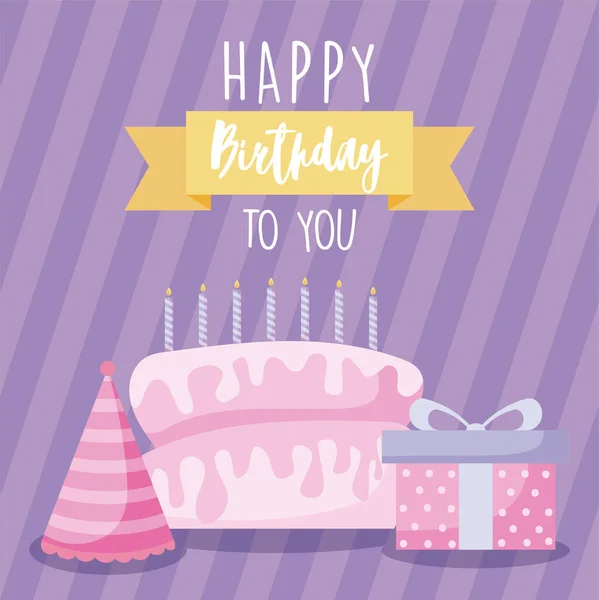 Diseño feliz cumpleaños con pastel de cumpleaños, caja de regalo y sombrero de fiesta — Vector de stock