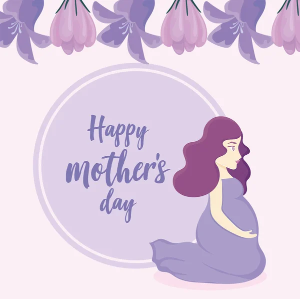 Diseño feliz día de las madres con hermosas flores y mujer embarazada icono — Vector de stock