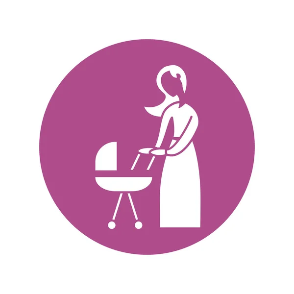 Wanita dengan bayi di kereta bayi, ikon gaya siluet - Stok Vektor