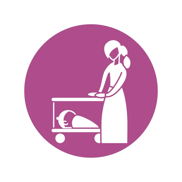 Femme avec bébé dans le lit bébé, icône de style silhouette — Image vectorielle