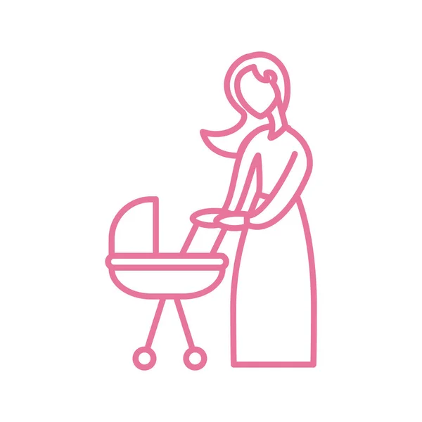 Mujer con bebé en cochecito de bebé, icono de estilo de línea — Archivo Imágenes Vectoriales