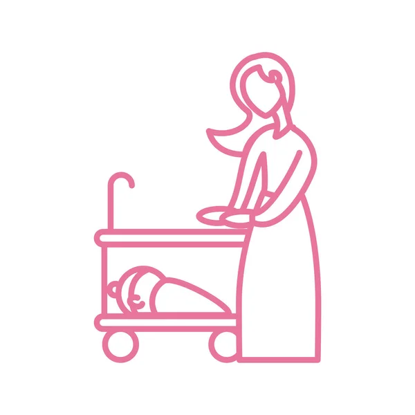 Frau mit Baby im Kinderbett, Linie Stil-Ikone — Stockvektor