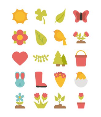 Beyaz arkaplanda bahar simgeleri kümesi
