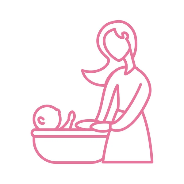 Nő baba vesz a fürdő, vonal stílus ikon — Stock Vector