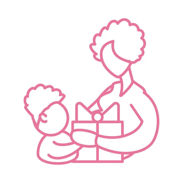 Žena a syn s dárkovou krabicí, ikona ve stylu čáry — Stockový vektor