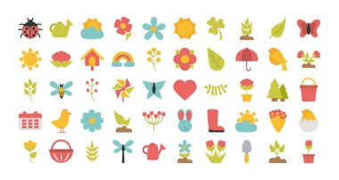 Beyaz arkaplanda bahar simgeleri kümesi