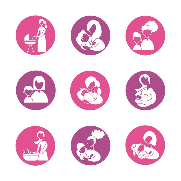 Conjunto de iconos con la madre y el bebé, icono de estilo de silueta — Archivo Imágenes Vectoriales