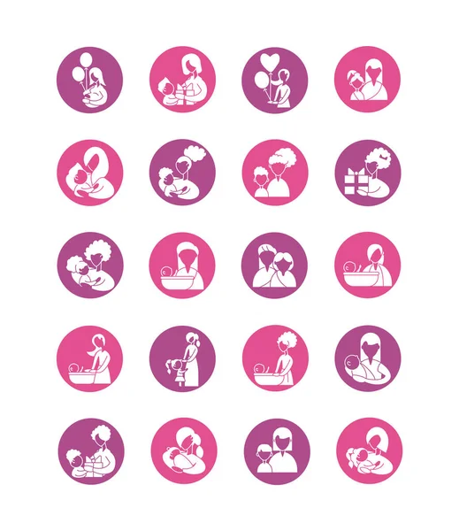 Conjunto de iconos con la madre y el bebé, icono de estilo de silueta — Vector de stock