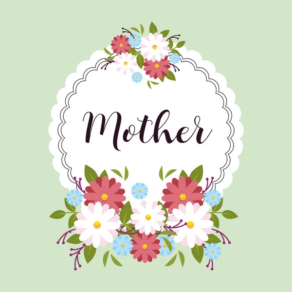 Çiçek çerçeveli kart etiketli anne — Stok Vektör