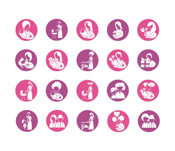 Ensemble d'icônes avec mère et bébé, icône de style silhouette — Image vectorielle